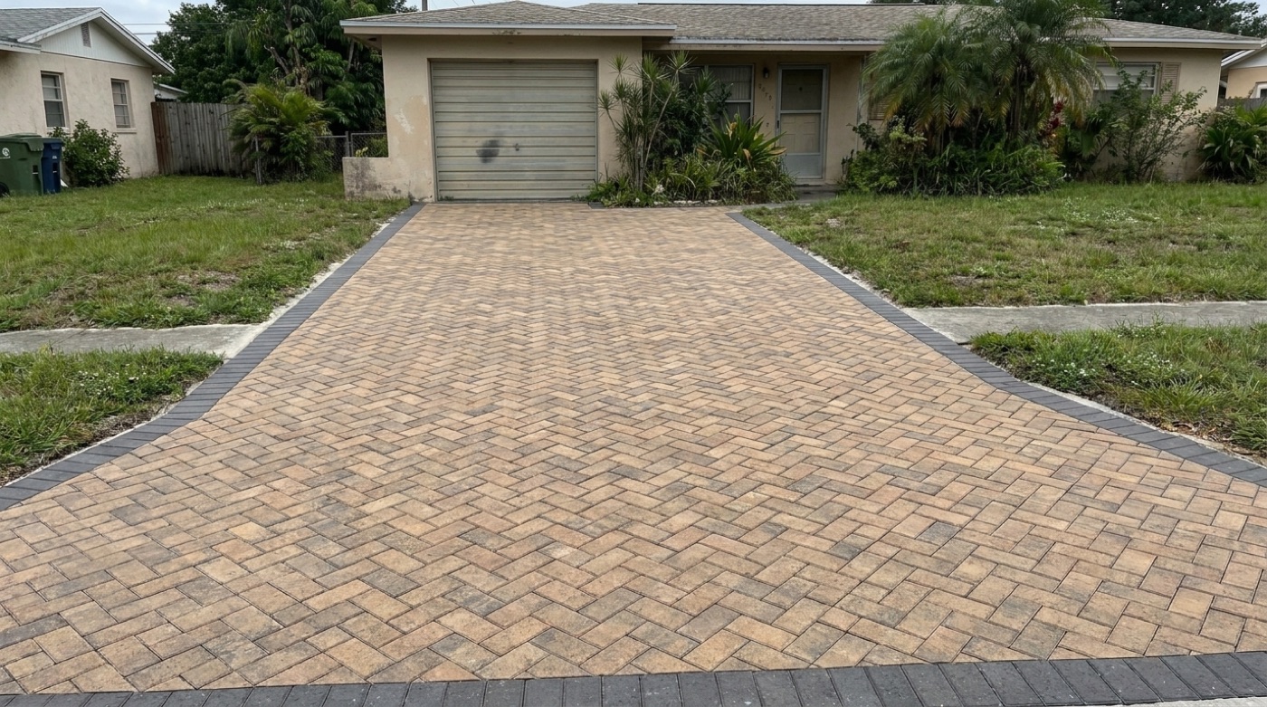 Driveway after — premium herringbone pavers (AI preview)