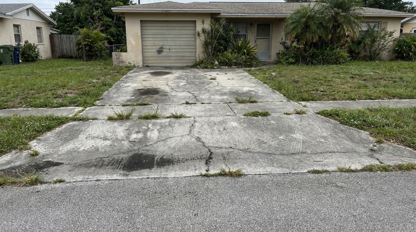 Driveway before — worn stained concrete