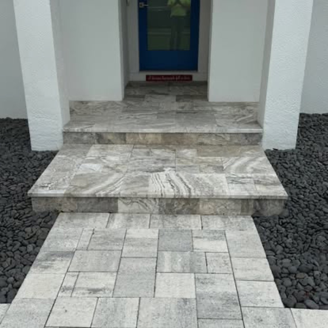 Travertine front entry steps and landing